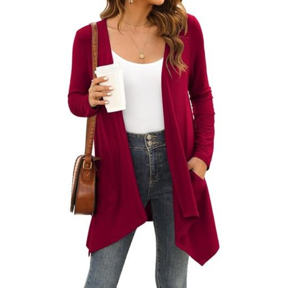 Womens Red Cardigan With Pockets Large Lightweight Sweater Fall Fashion Trends - Picture 2 of 4